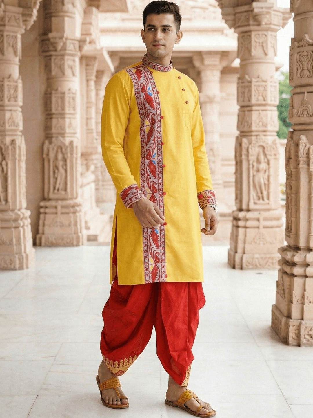 GOURI COLLECTIONS Men Cotton Jamdani Printed Straight Kurta