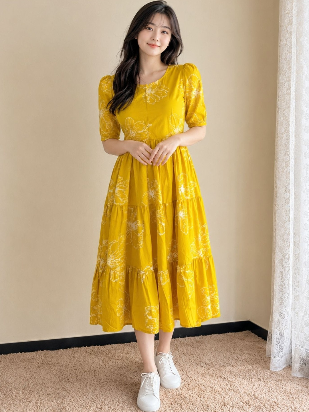 Kamayra Floral Print Puff Sleeve A-Line Midi Dress