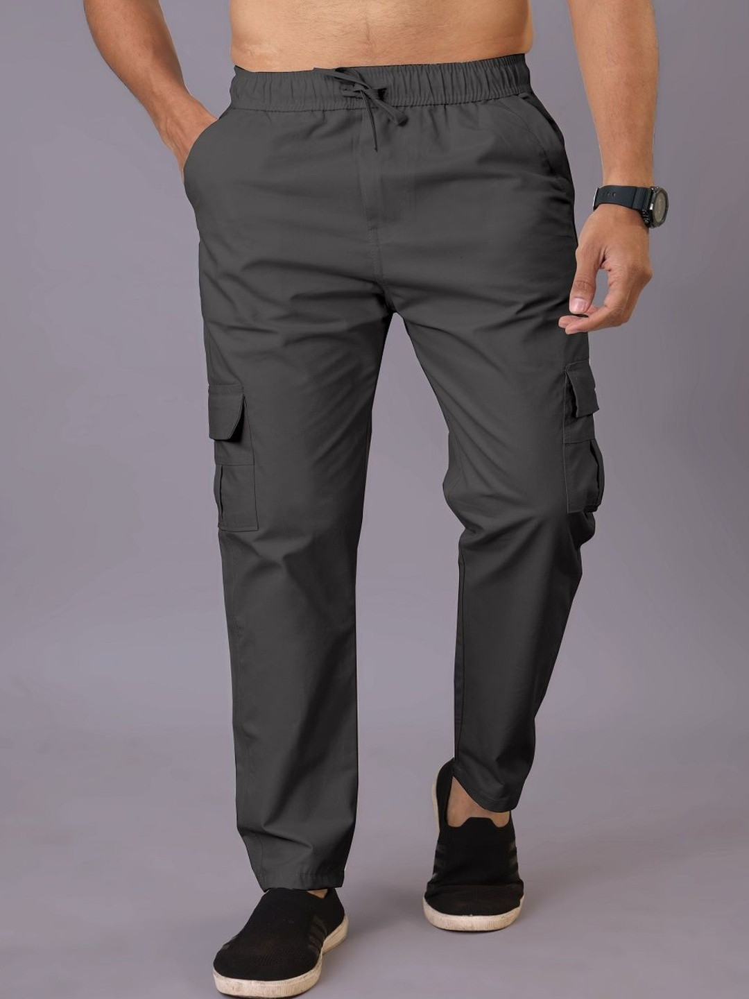 Men Dark Grey Solid Cotton Relaxed Fit Drawstring Trousers