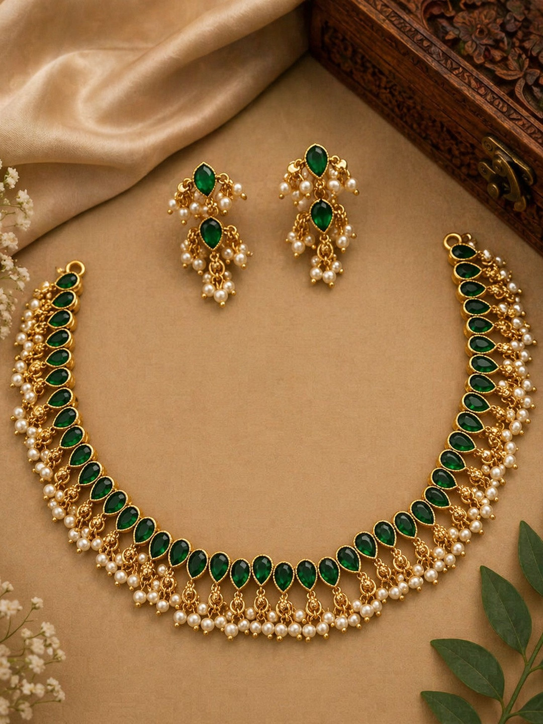 Bagdo Gold-Plated Stone Studded & Beaded Necklace and Earrings