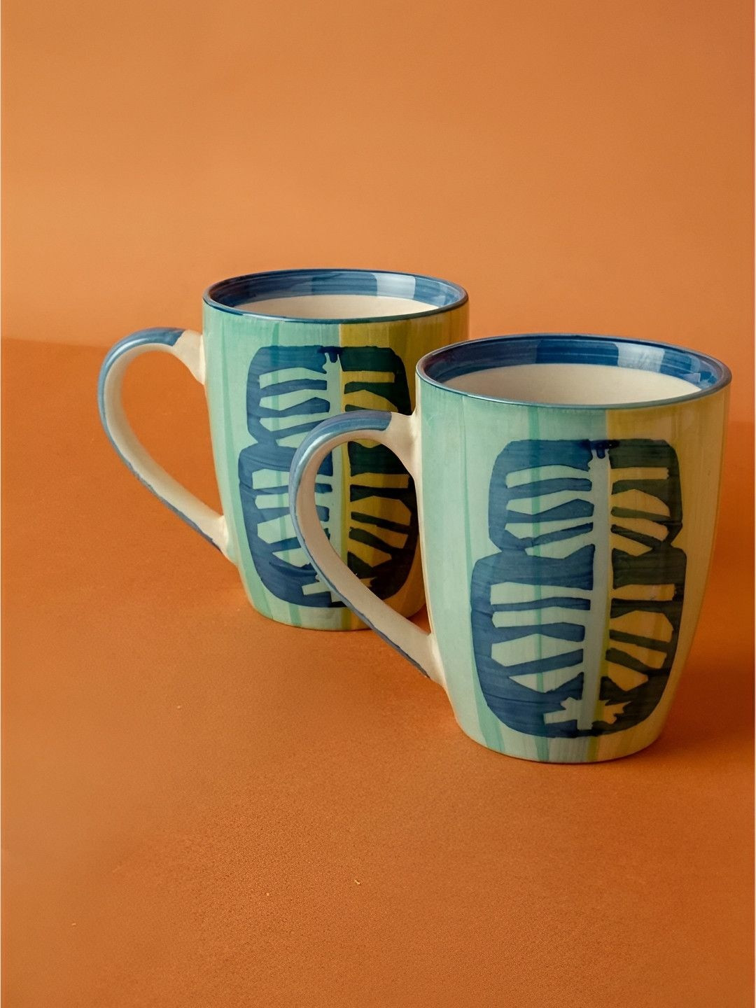 FREEDOM TREE Set of 2 Udanti Palm Floral Hand Painted Mint Green Ceramic Coffee Mug