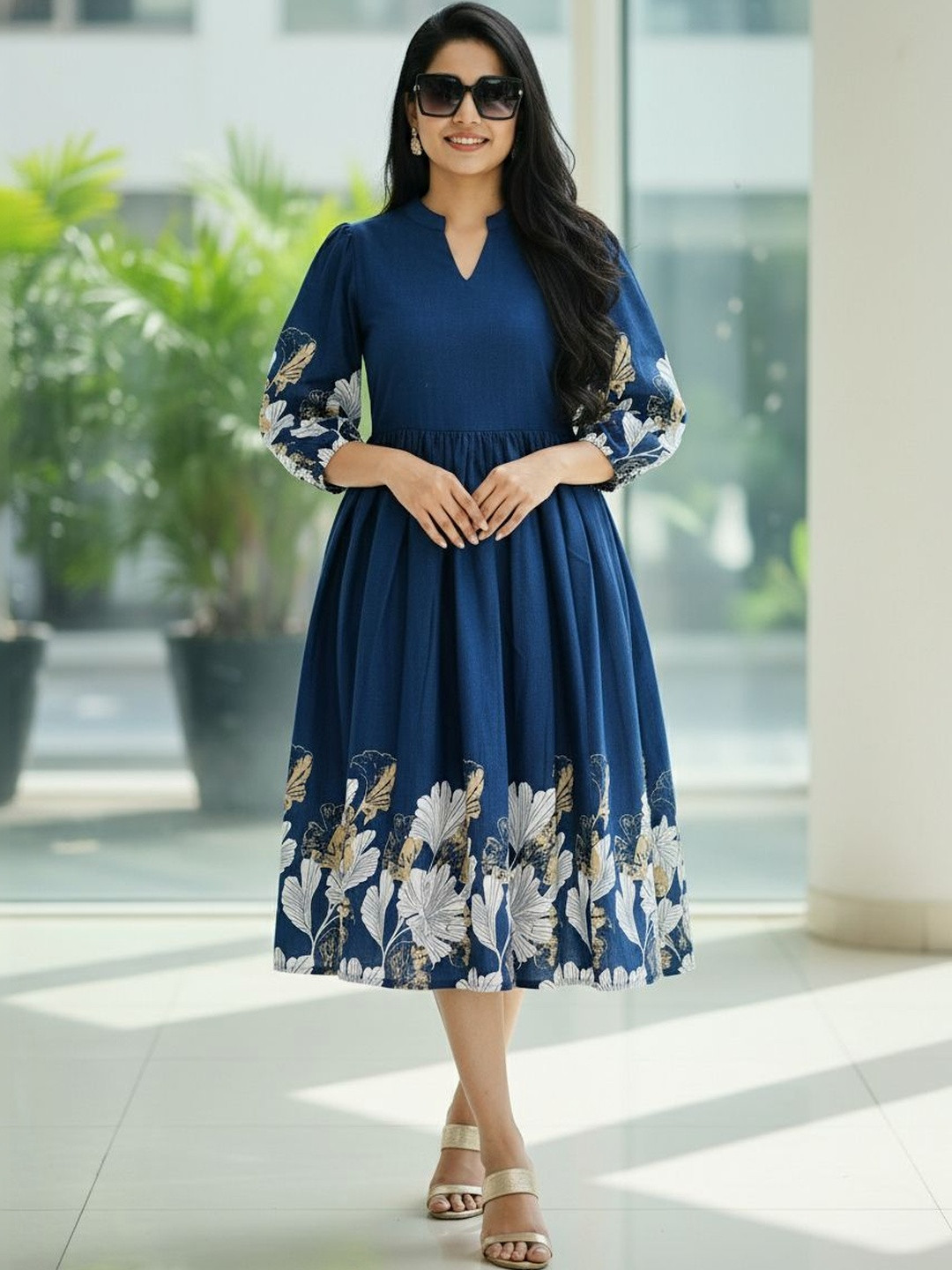 JANKHI Cotton Floral Printed Puff Sleeve A-Line Midi Dress