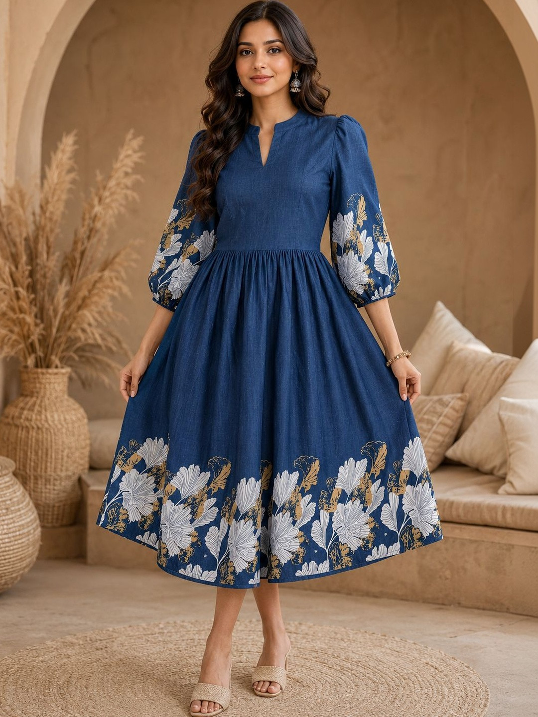 JANKHI Cotton Floral Printed Puff Sleeve A-Line Midi Dress