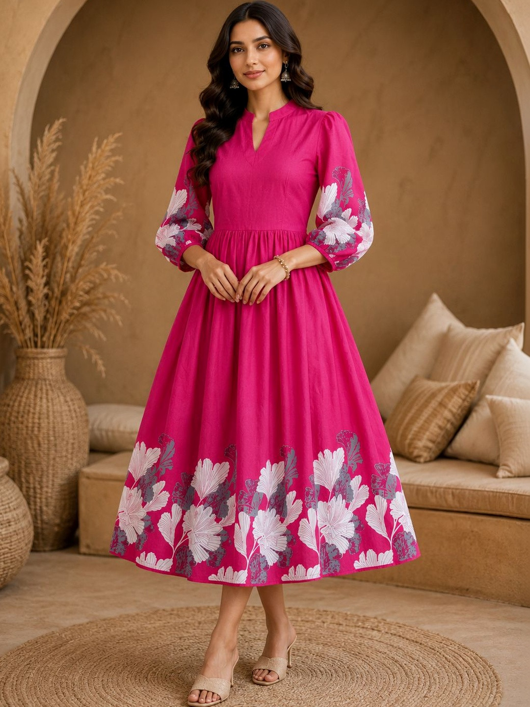 JANKHI Floral Print Puff Sleeve A-Line Midi Dress