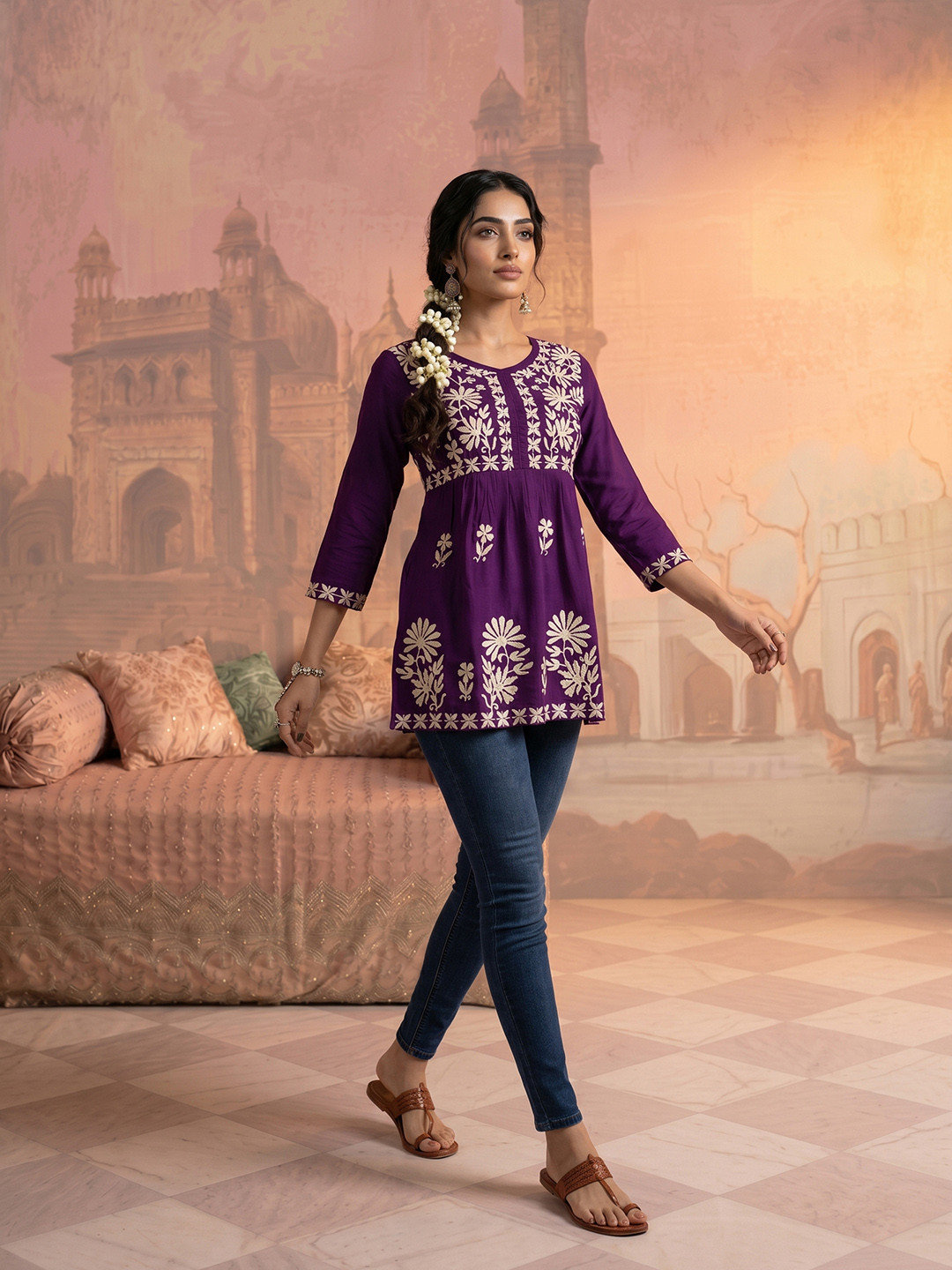 NAVYAAZRI Floral Embroidered Thread Work Thread Work Empire Anarkali Kurti