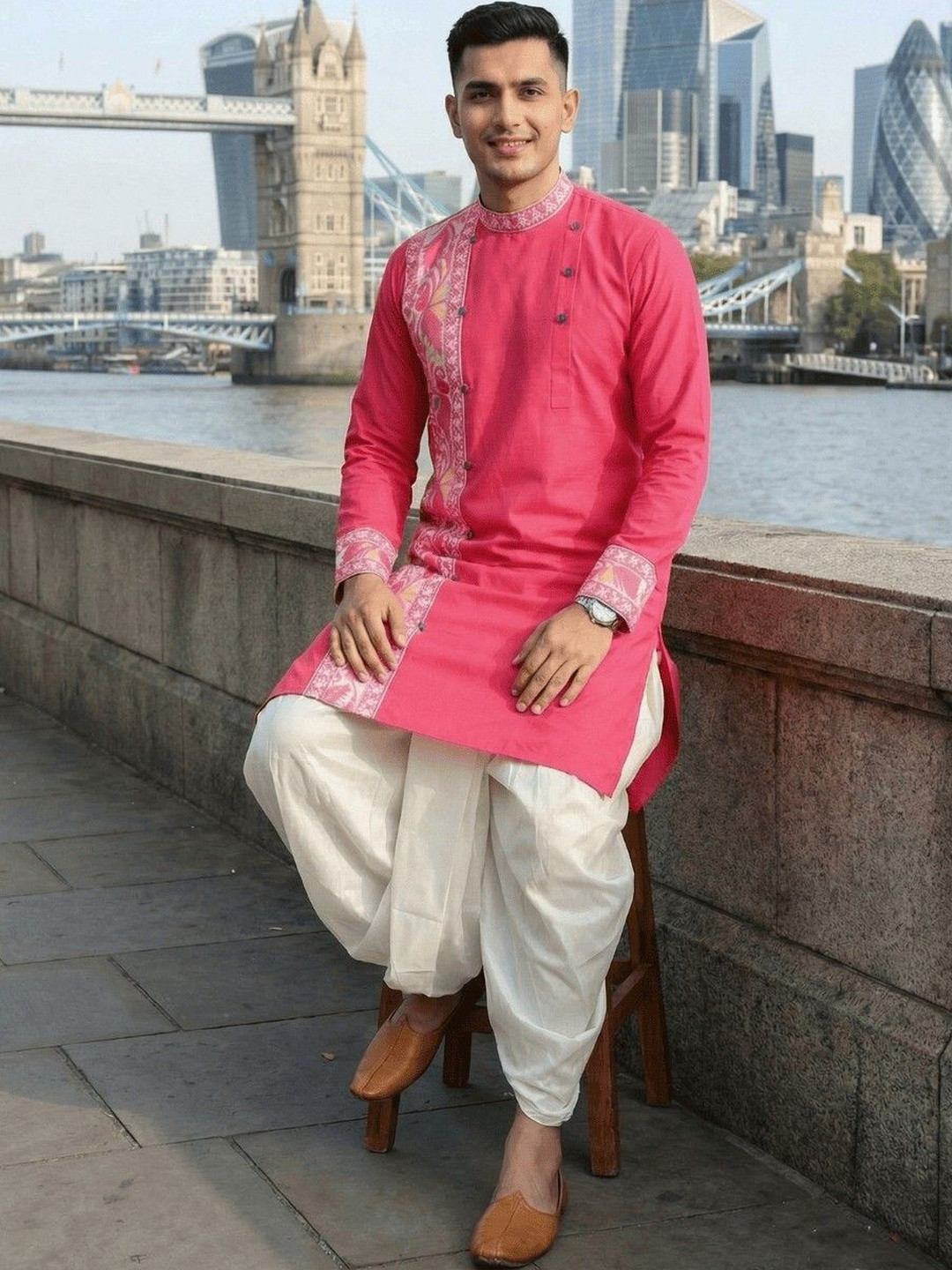 GOURI COLLECTIONS Men Cotton Jamdani Printed Straight Kurta