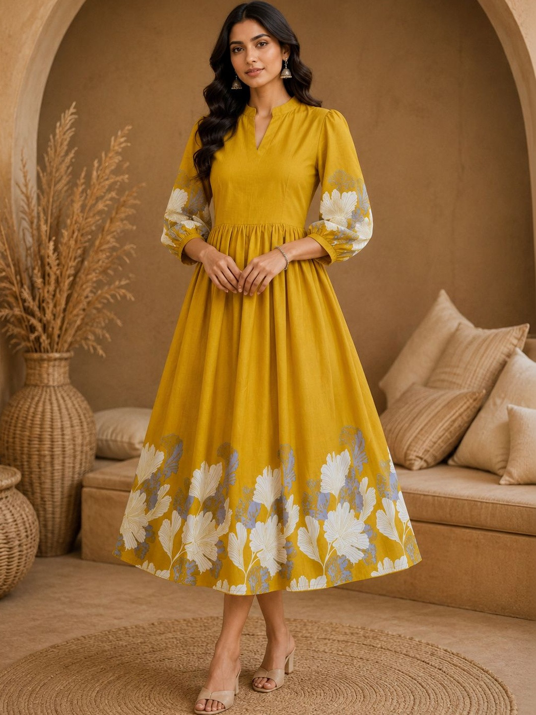 JANKHI Cotton Floral Printed Puff Sleeve A-Line Midi Dress