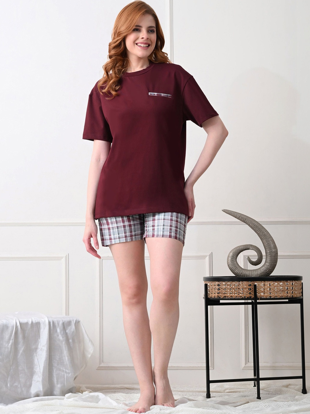 KIZA Women Solid Pure Cotton T-shirt & Shorts Night Suit