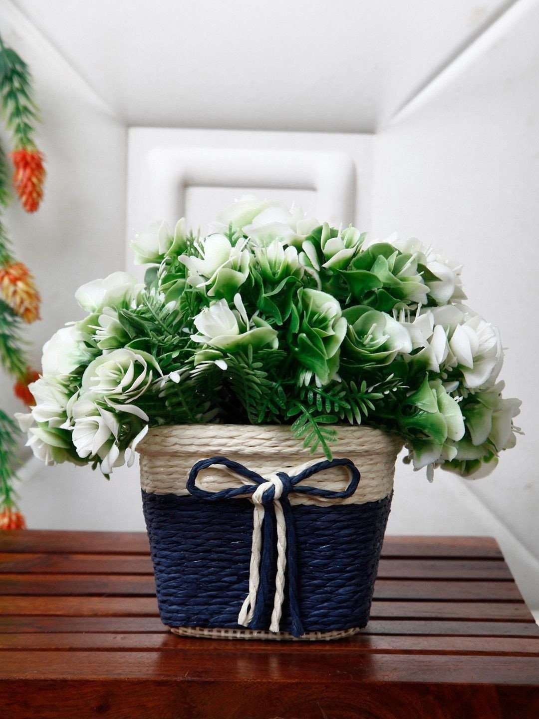 FOLIYAJ White & Green Artificial Flowers With Pot