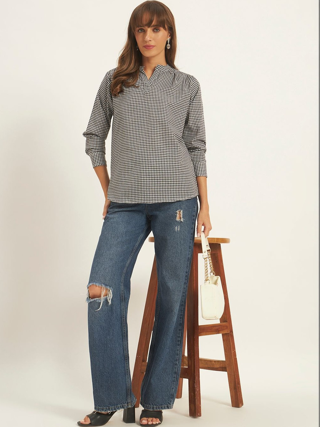 VALUE CREATION Checked Mandarin Collar Cotton Crop Top