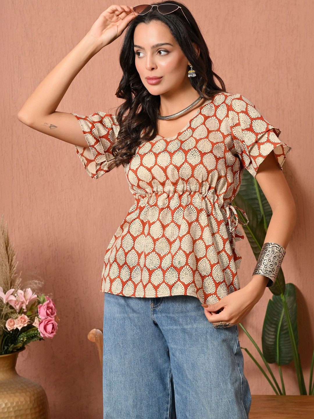 KELWA Women Floral Printed Cotton V-Neck Short Sleeves Top