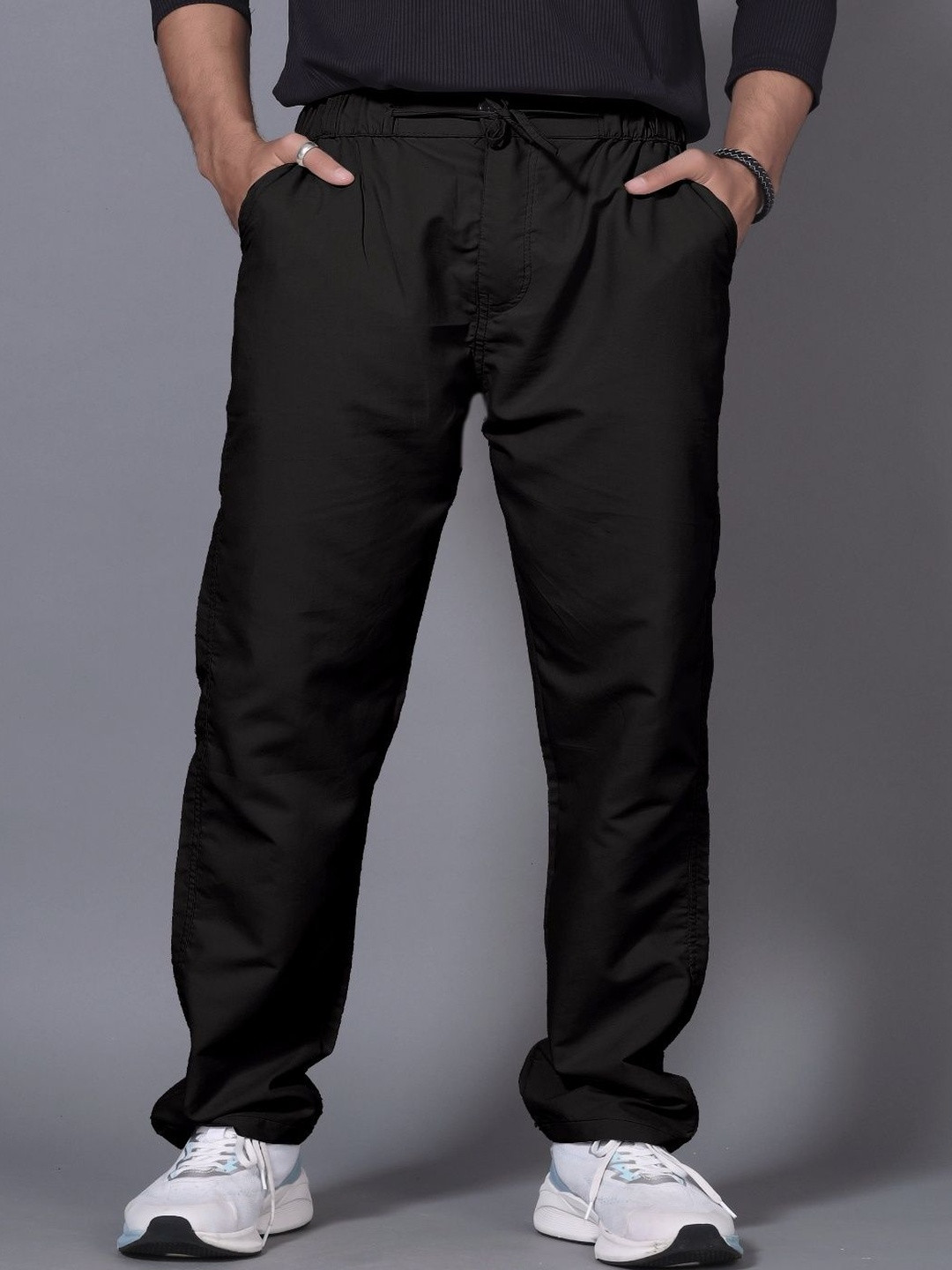 Men Black Solid Cotton Relaxed Fit Drawstring Trousers
