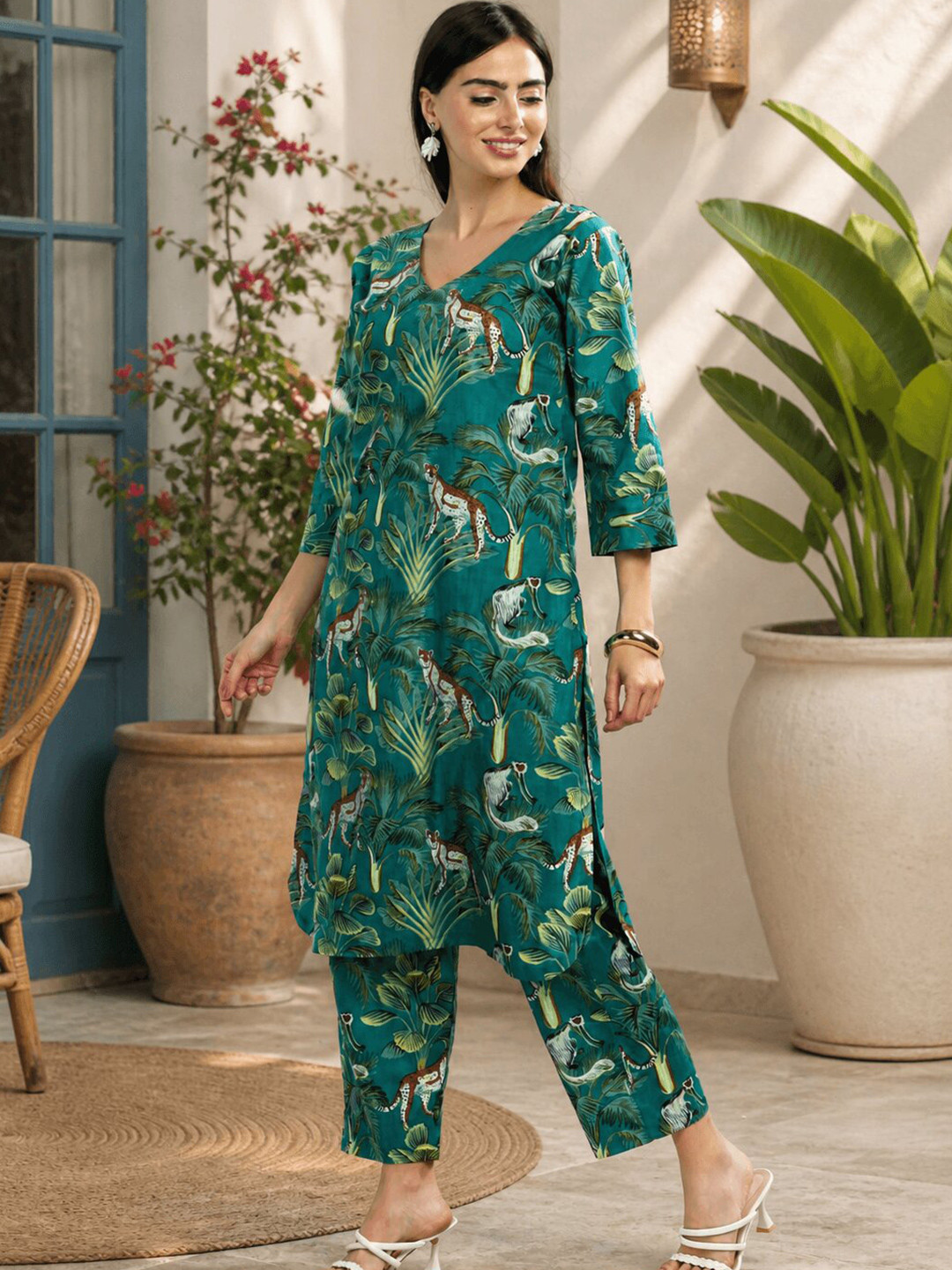 THE VASILIKI Animal Printed V-Neck Pure Cotton Straight Kurta With Trousers