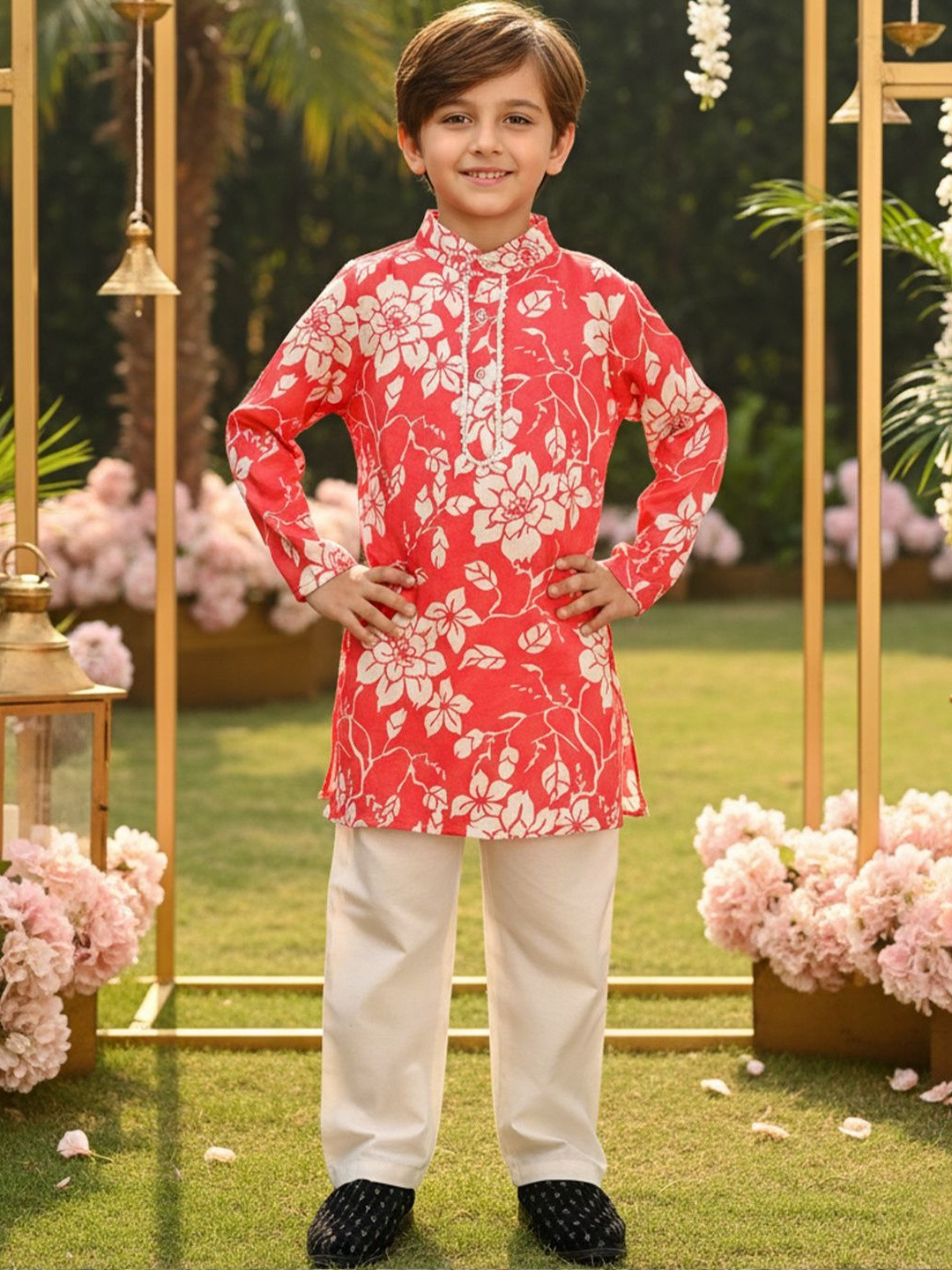 Cutiekins Boys Floral Printed Mandarin Collar Kurta With Pyjama