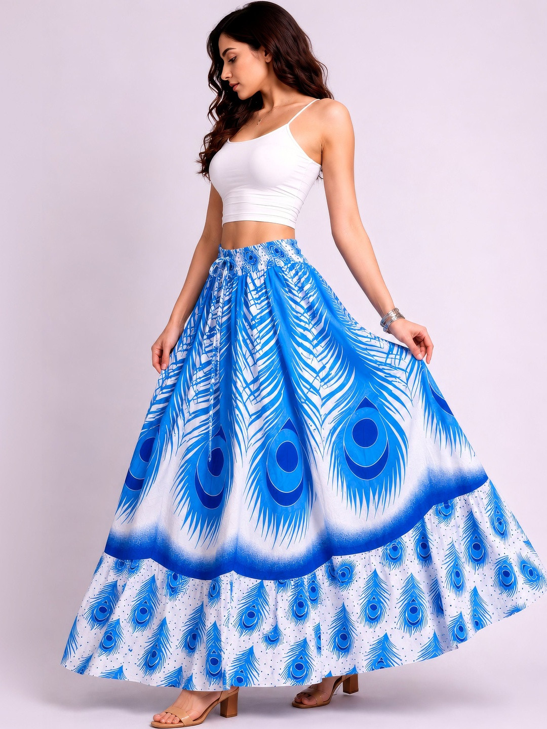 HARAYE Women Pure Cotton Floral Maxi Flared Skirt
