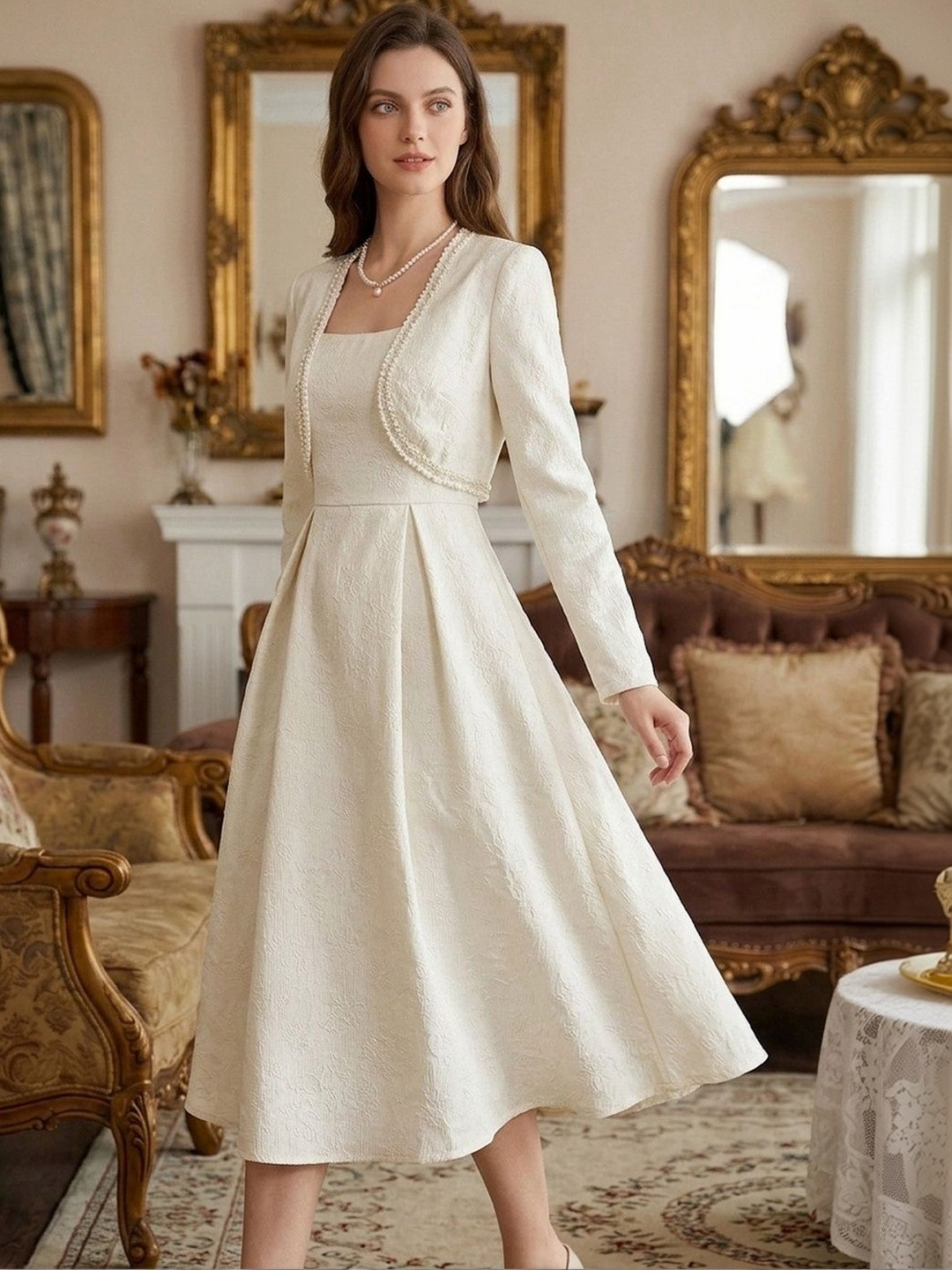 Elegant Jacquard Midi Dress with Long Sleeves