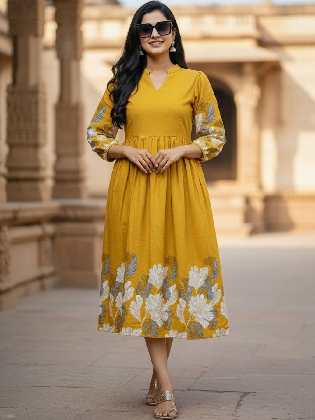 JANKHI Cotton Floral Printed Puff Sleeve A-Line Midi Dress