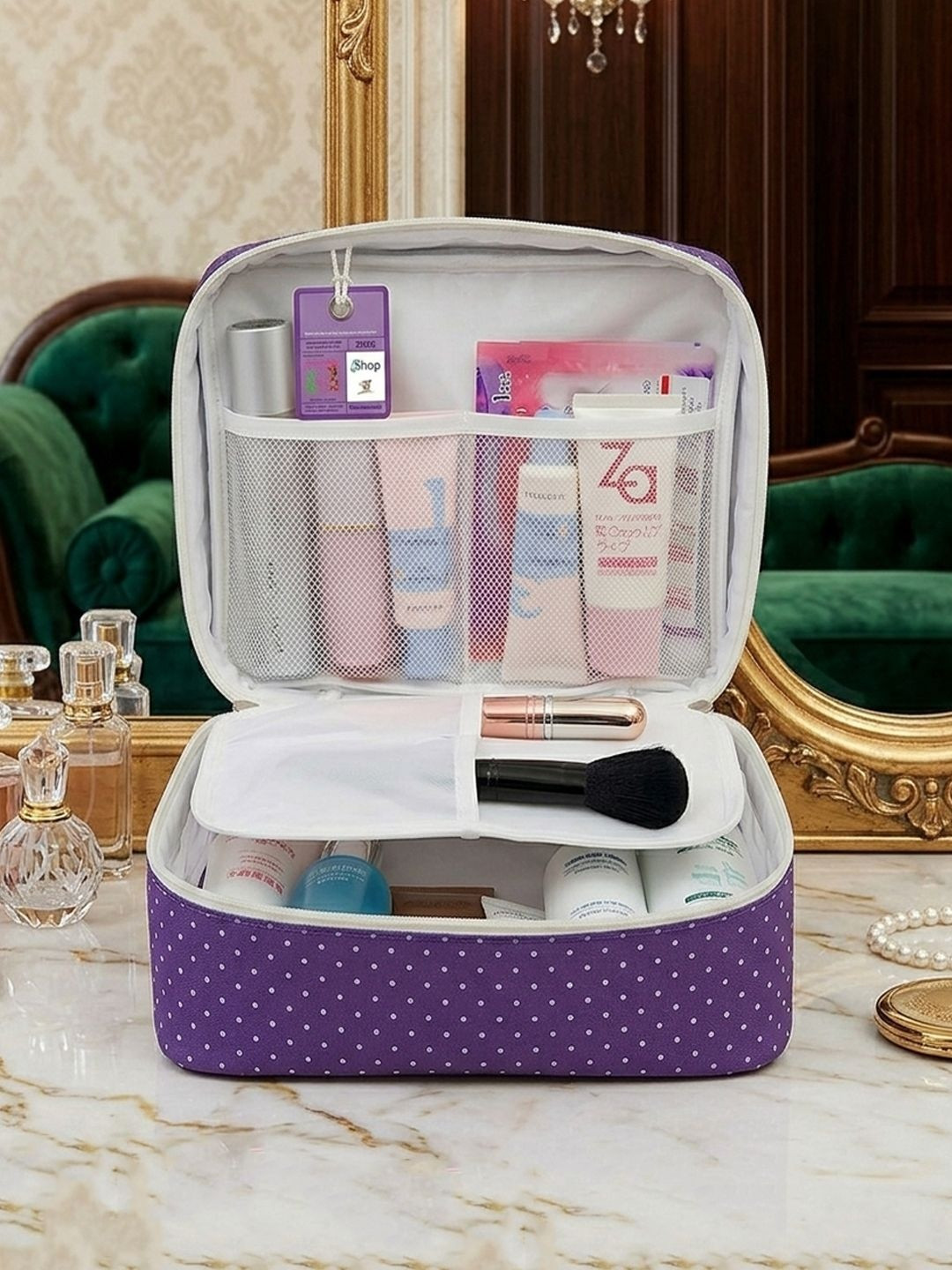 atorakushon Purple & White Printed Makeup Storage Bag Jewellery Organisers