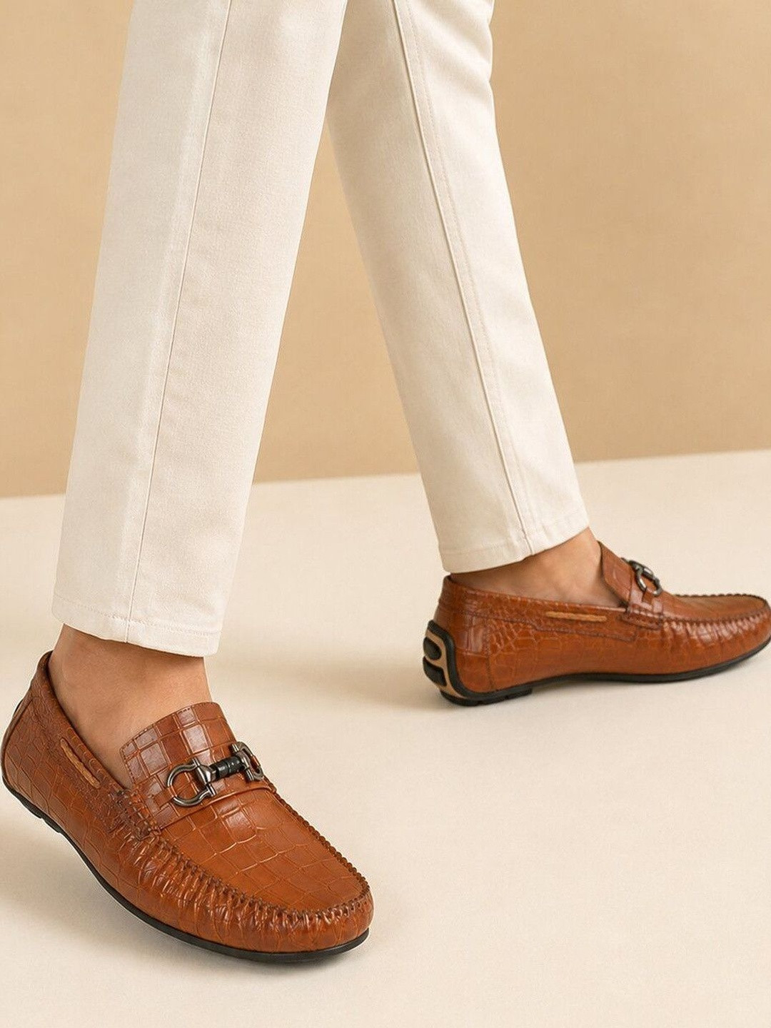 San Frissco Men Tan Leather Horsebit Loafers Memory Foam Anti-Slip Semi-Formal Shoes