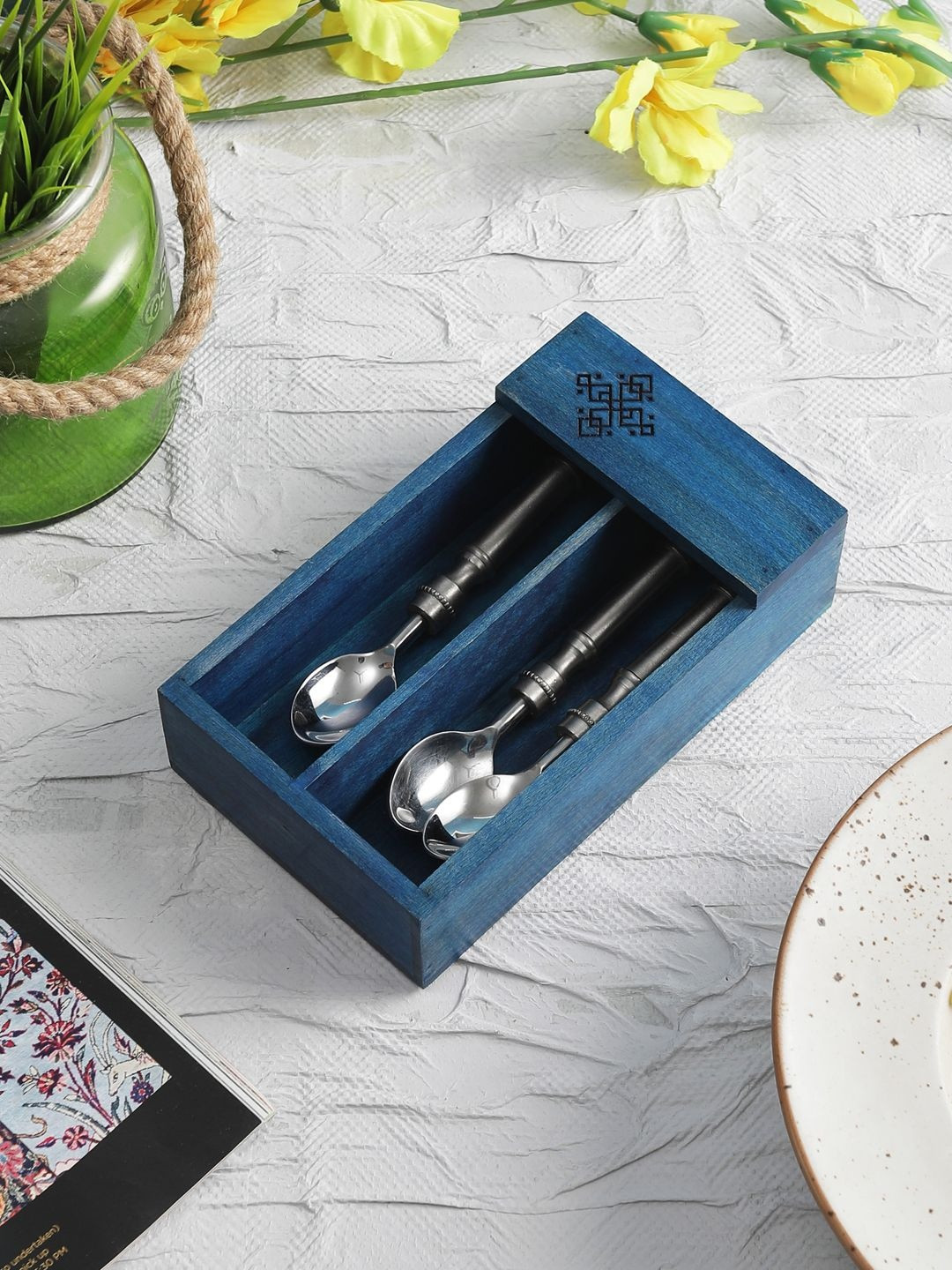 VarEesha Blue Printed Wooden Handmade Cutlery Holder