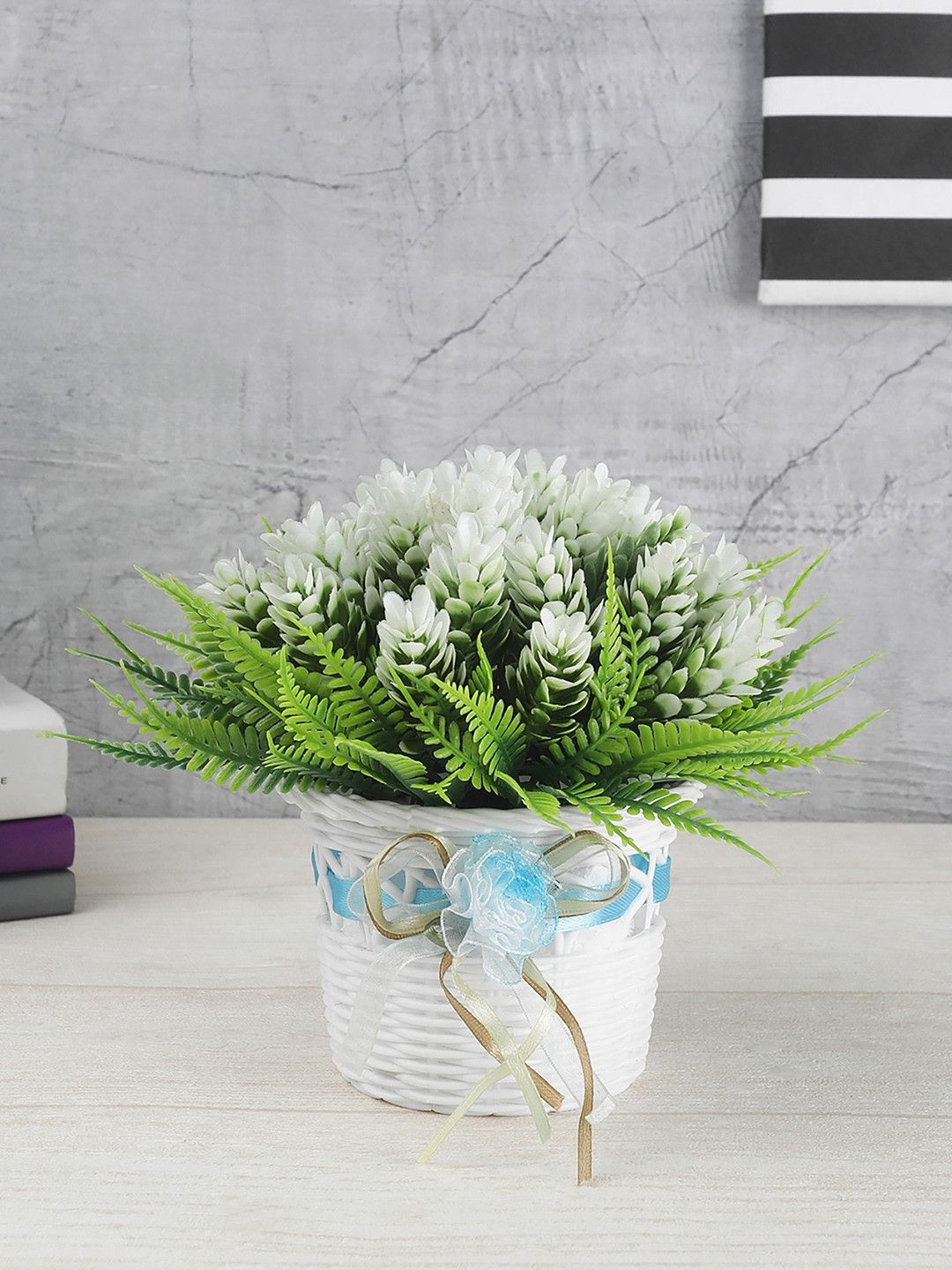 FOLIYAJ Green & White Artificial Plant With Fern Leaves Buds & White Pot