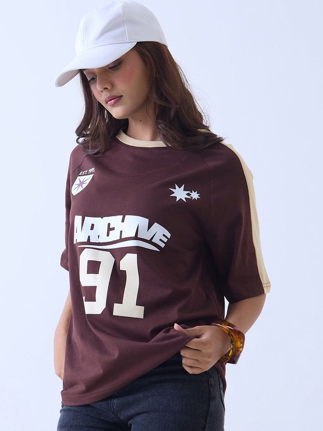DKY Women Typography Printed Drop-Shoulder Sleeves T-shirt