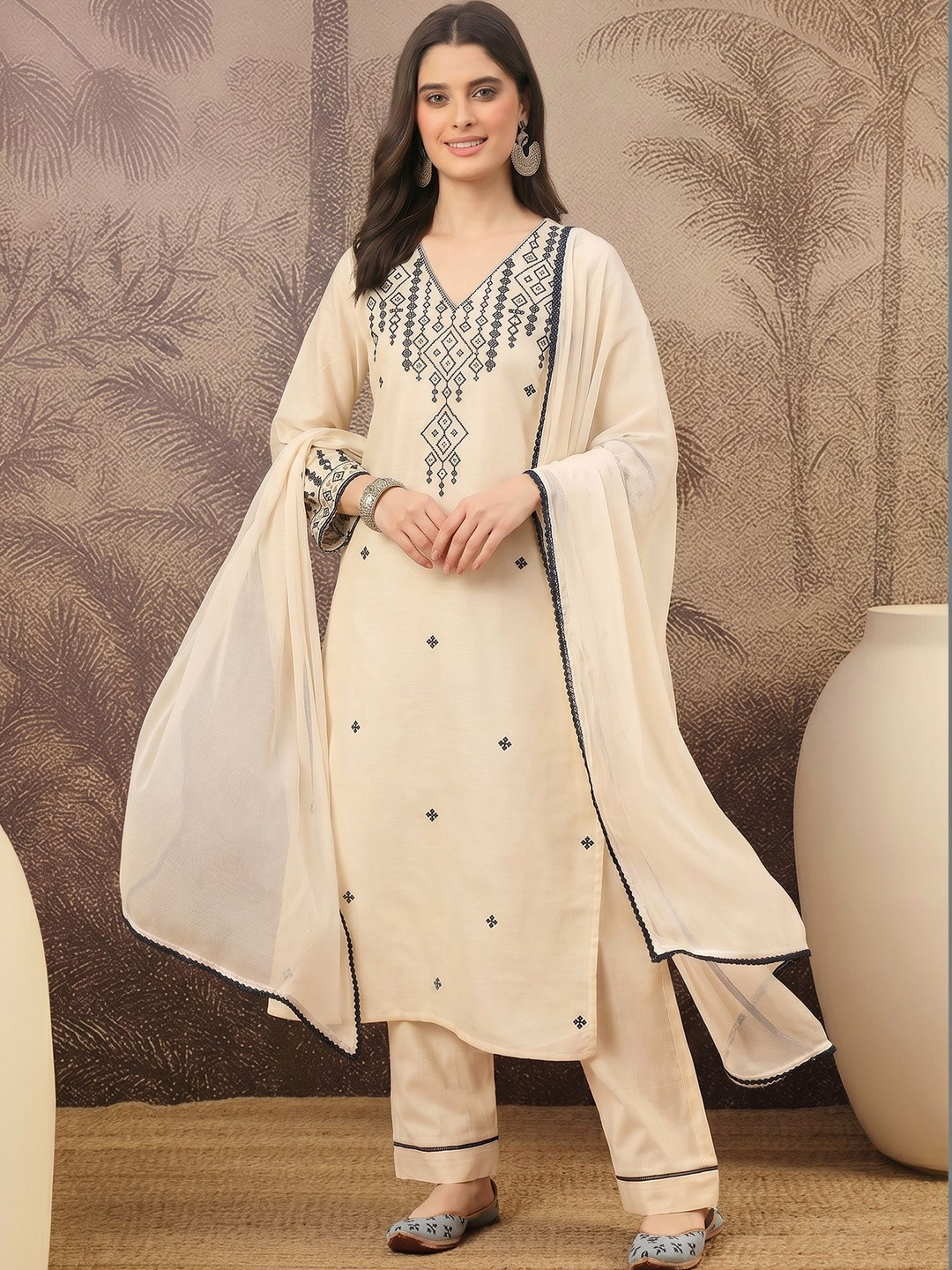 Sangria Women Embroidered Regular Pure Cotton Kurta with Trousers & With Dupatta
