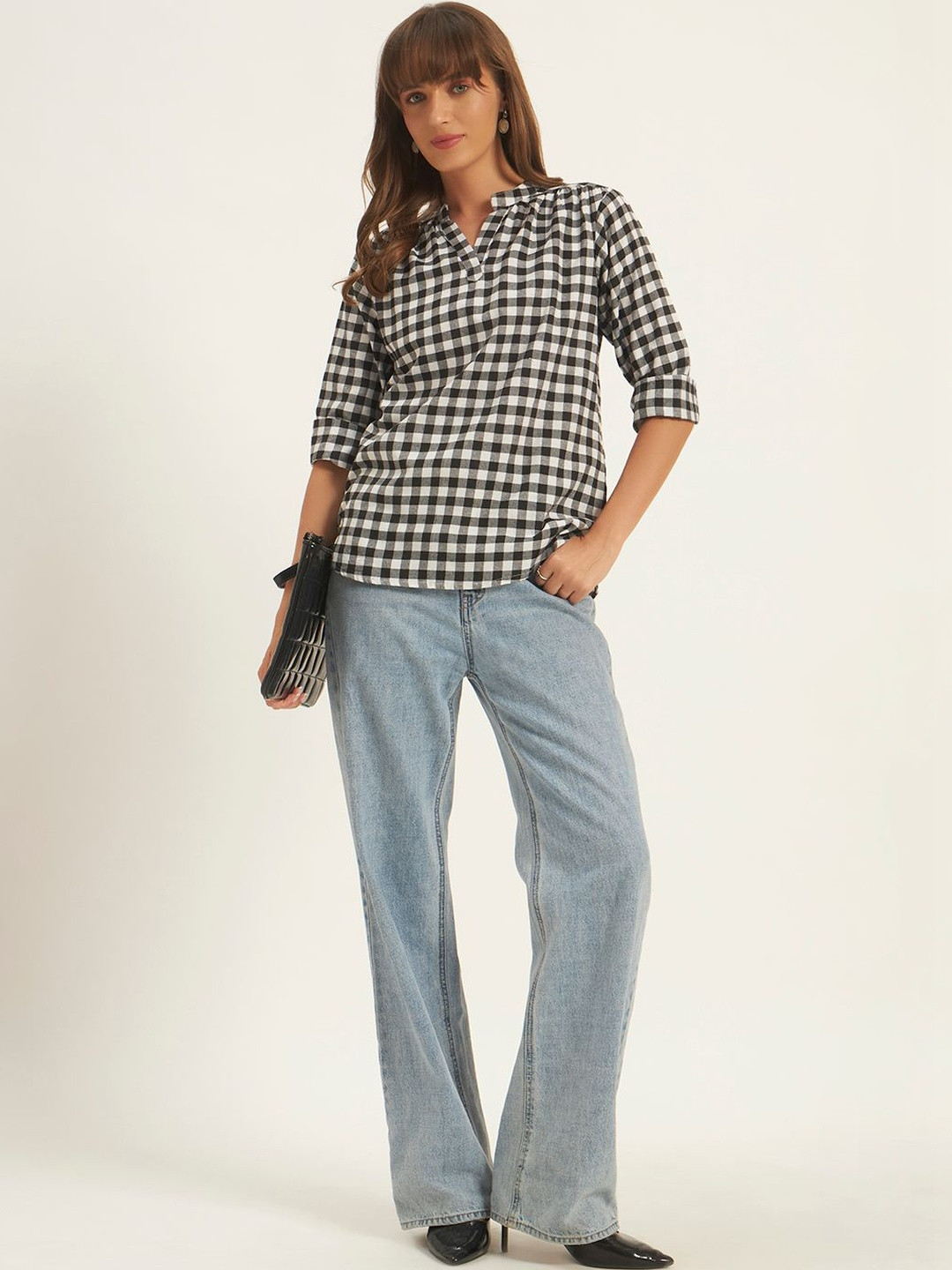 VALUE CREATION Checked Mandarin Collar Cotton Crop Top