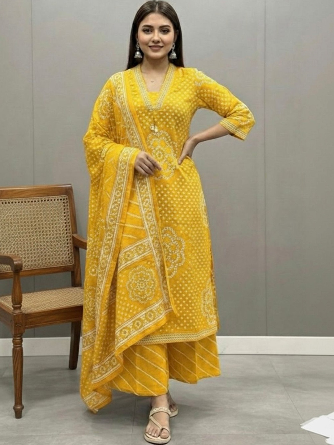 Bna Bnaya Women Bandhani Embroidered Regular Mirror Work Pure Cotton Kurta with Trousers & With Dupatta