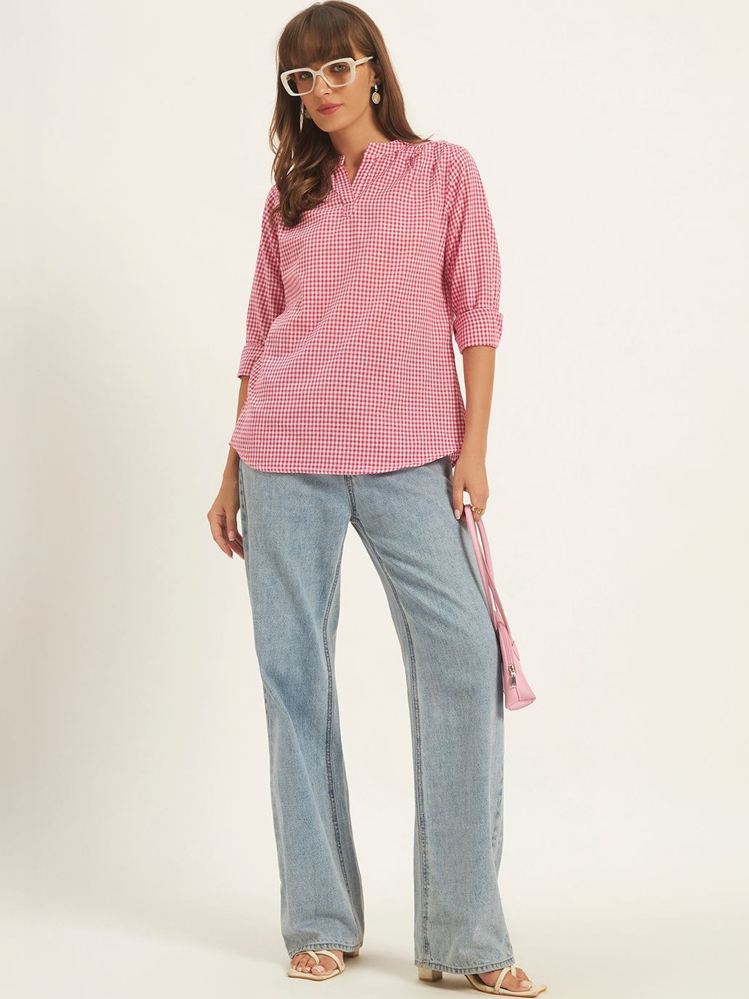 VALUE CREATION Checked Mandarin Collar Cotton Crop Top