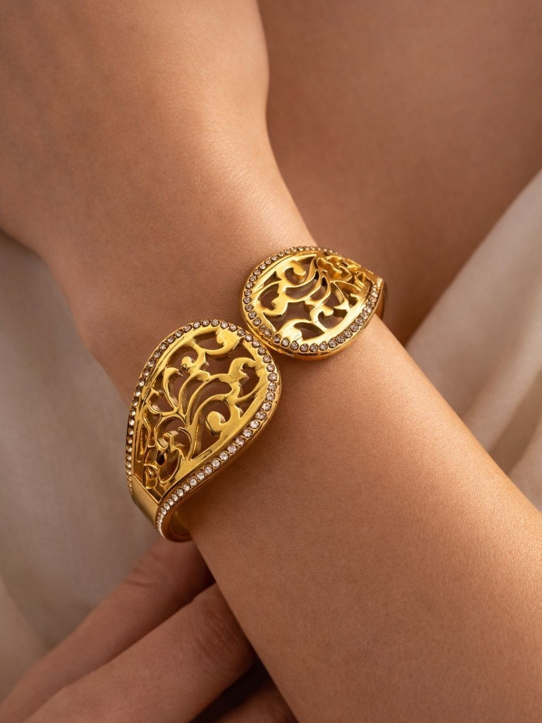 RaasRani Women Gold-Plated Cubic Zirconia Studded Studded Cuff Bracelet