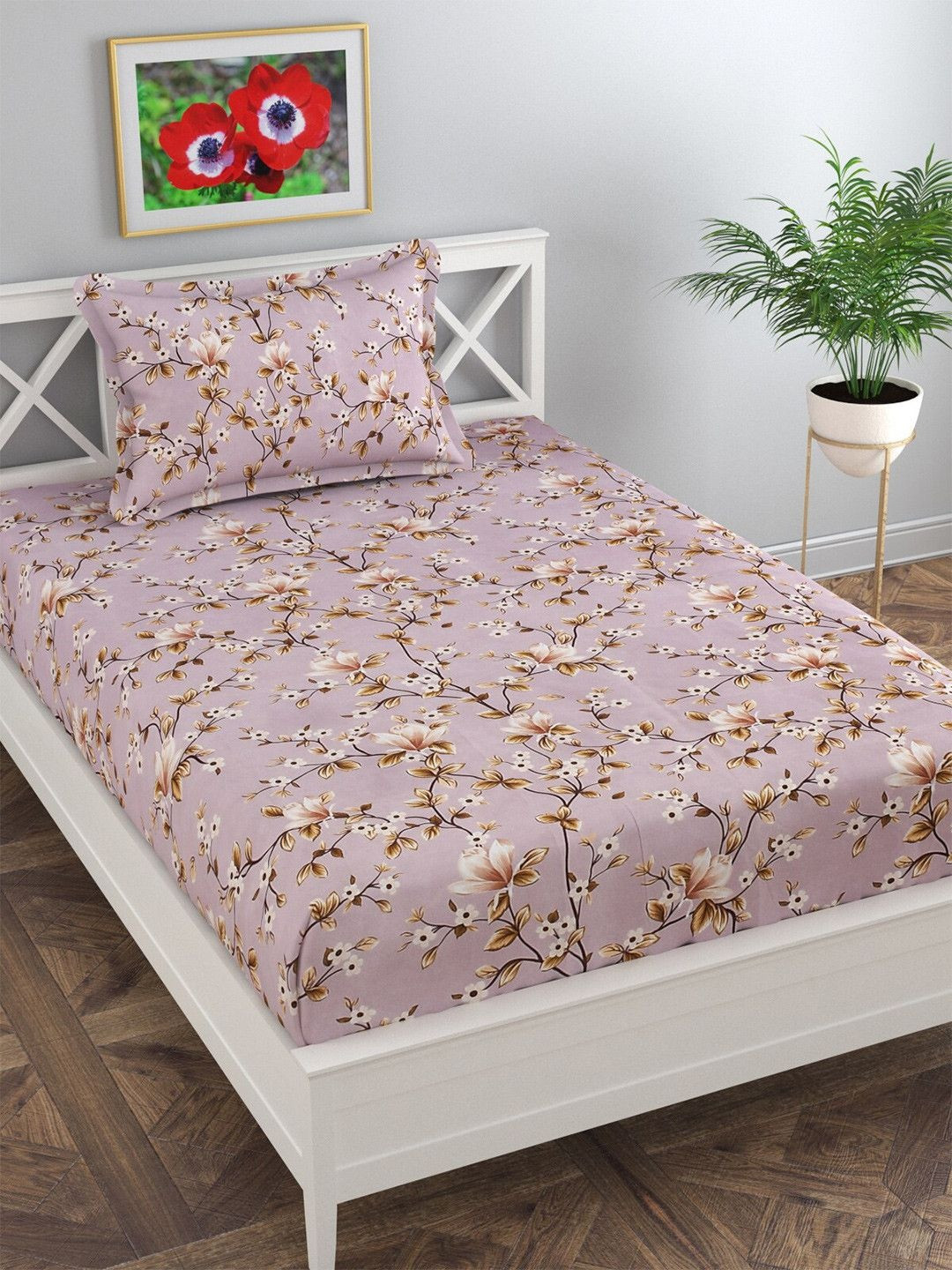 Florida Mauve Floral Polycotton 120 TC Single Bedsheet with a Pillow Cover-61 x 90 inches