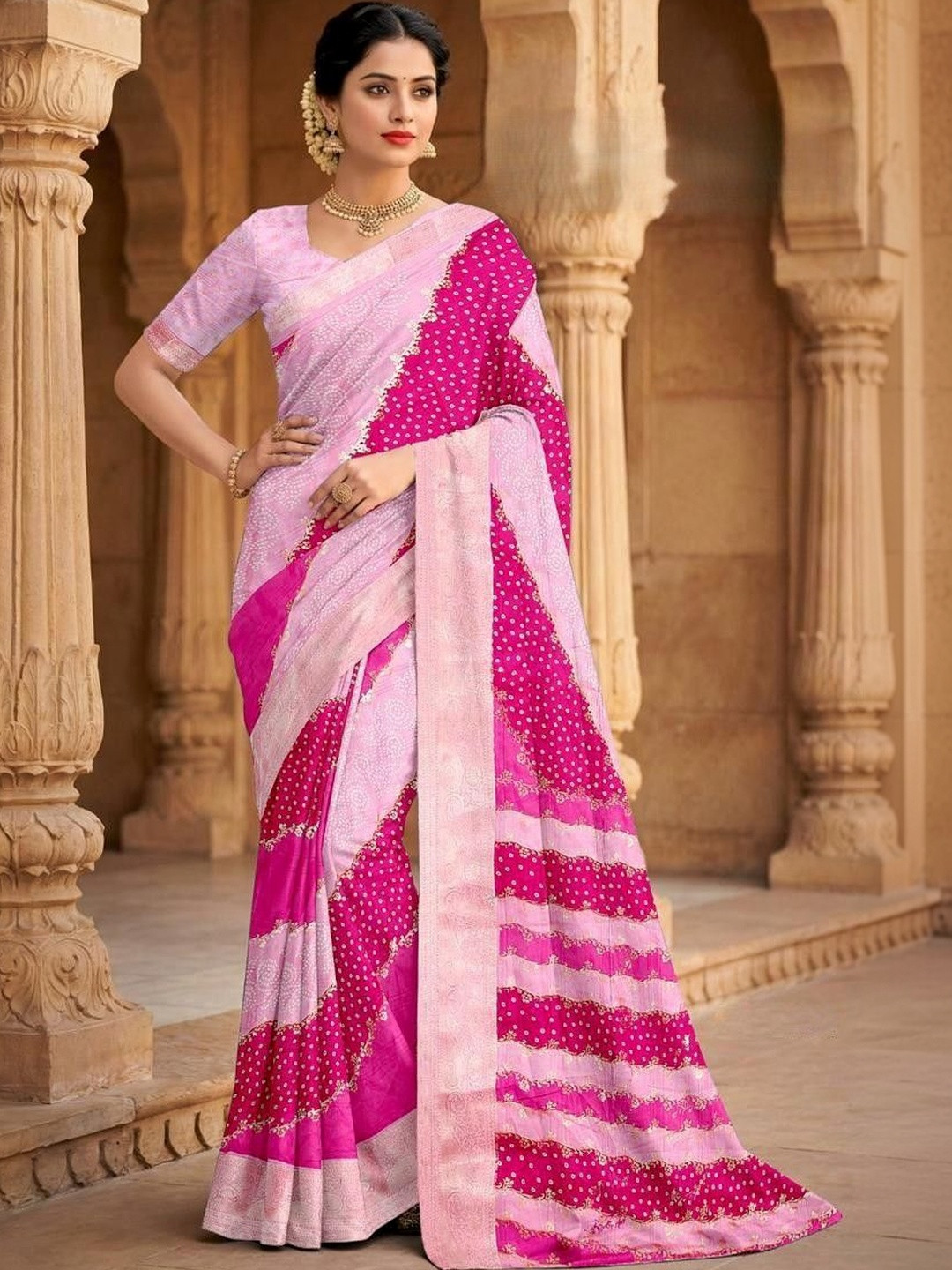 Swaraas Bandhani Zari Silk Blend Saree