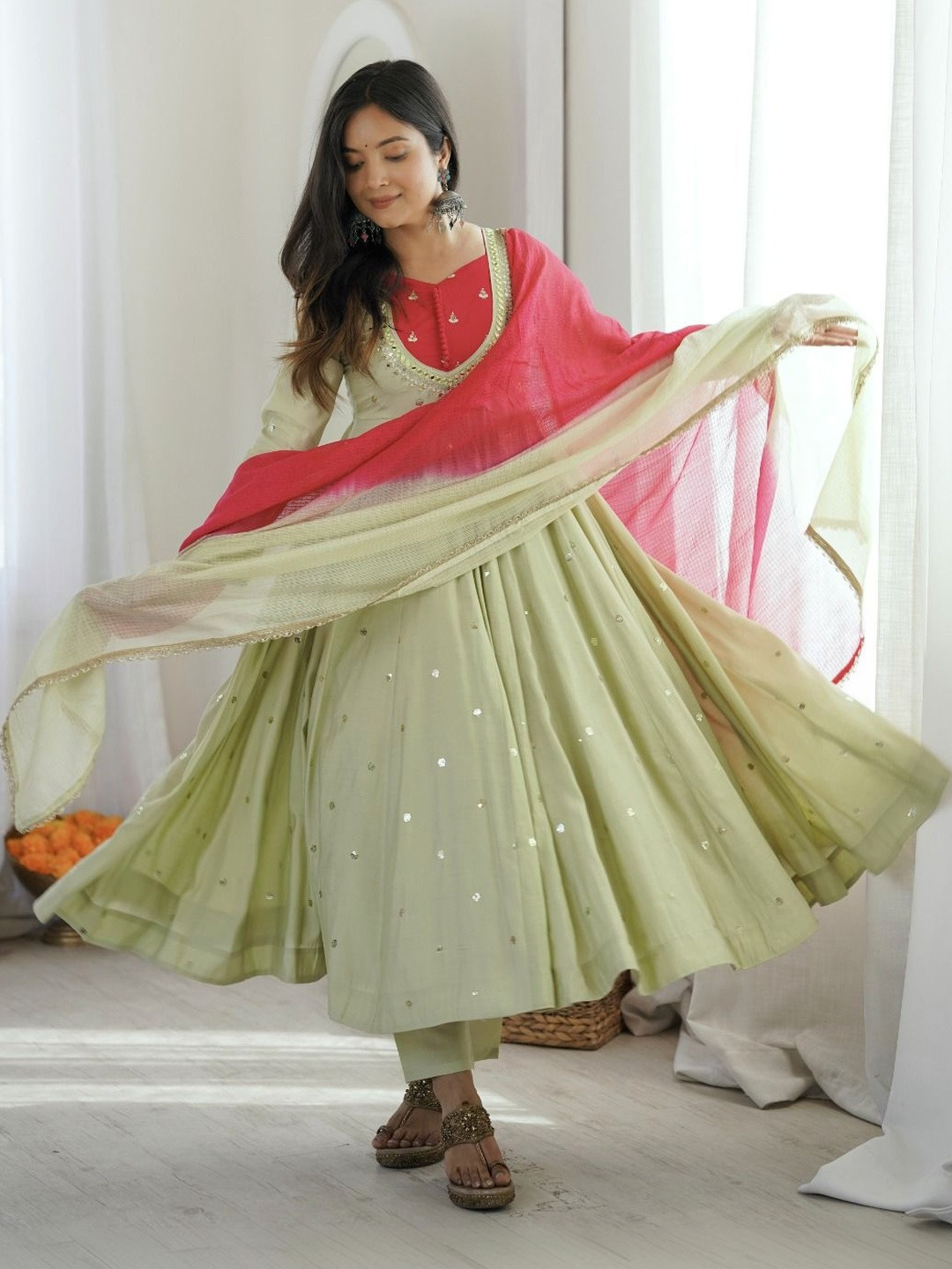 Anokhi Attire Women Empire Mirror Work Kurta with Trousers & With Dupatta