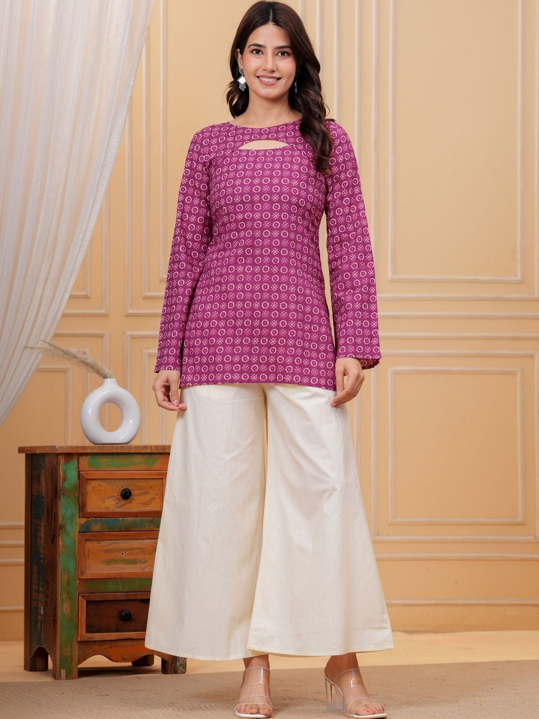 GAYRAA Women Geometric Printed Flared Sleeves Short Kurta With Jacket