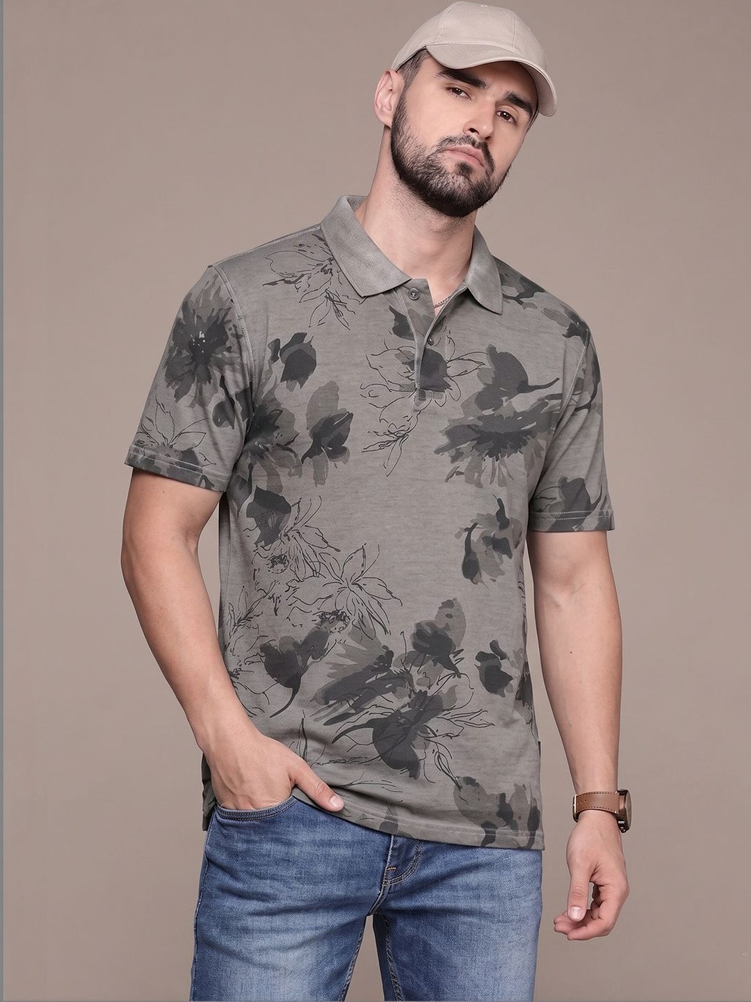 Kryptic Men Overdyed Cotton Floral Printed Polo Collar T-shirt