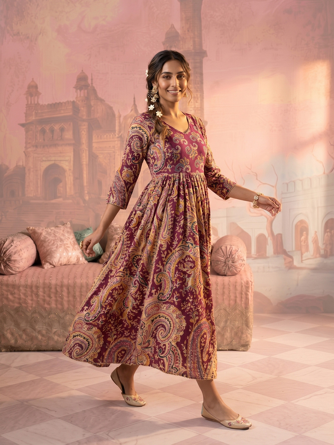 NAVYAAZRI Paisley Printed V-Neck Fit & Flare Cotton Ethnic Dresses