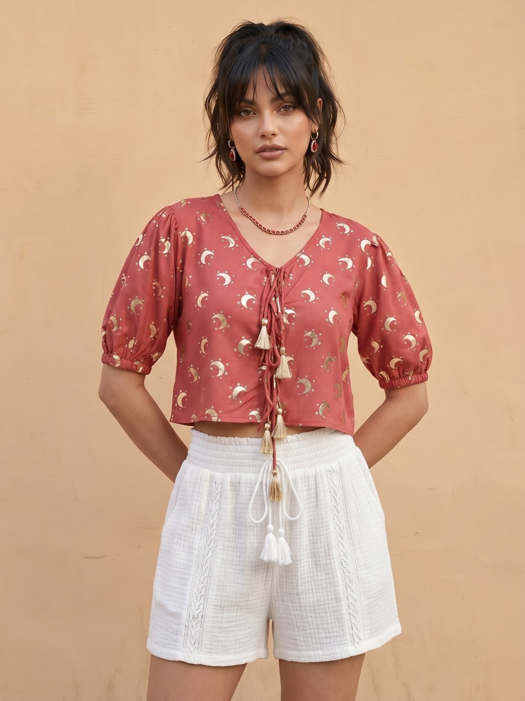 Rose and Gold Puff Sleeve Crop Top with Graphic Print