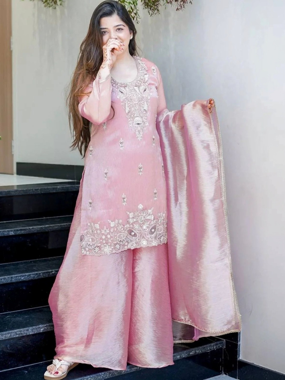 ZONFAB Women Embroidered Regular Sequinned Kurta with Palazzos & With Dupatta