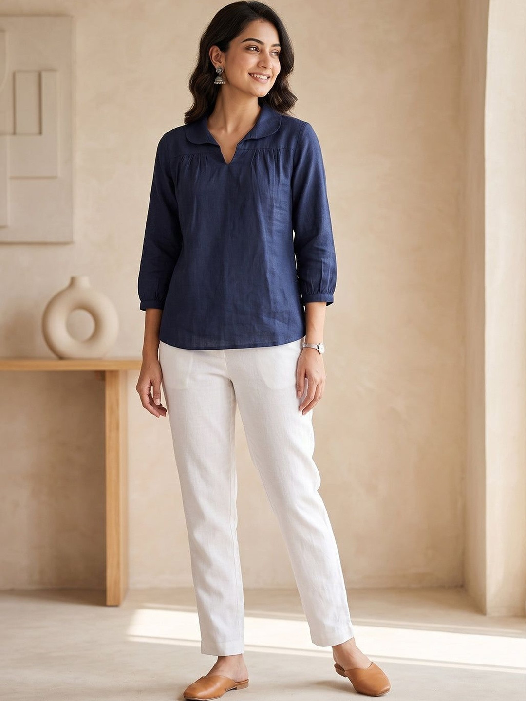 Vashuqi Peter Pan Collar Linen Blend Top