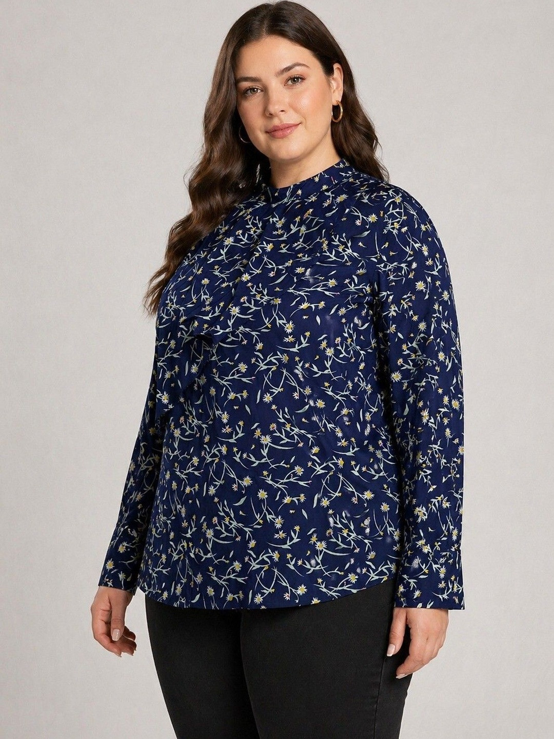 Sztori Floral Print Ruffles Crepe Top