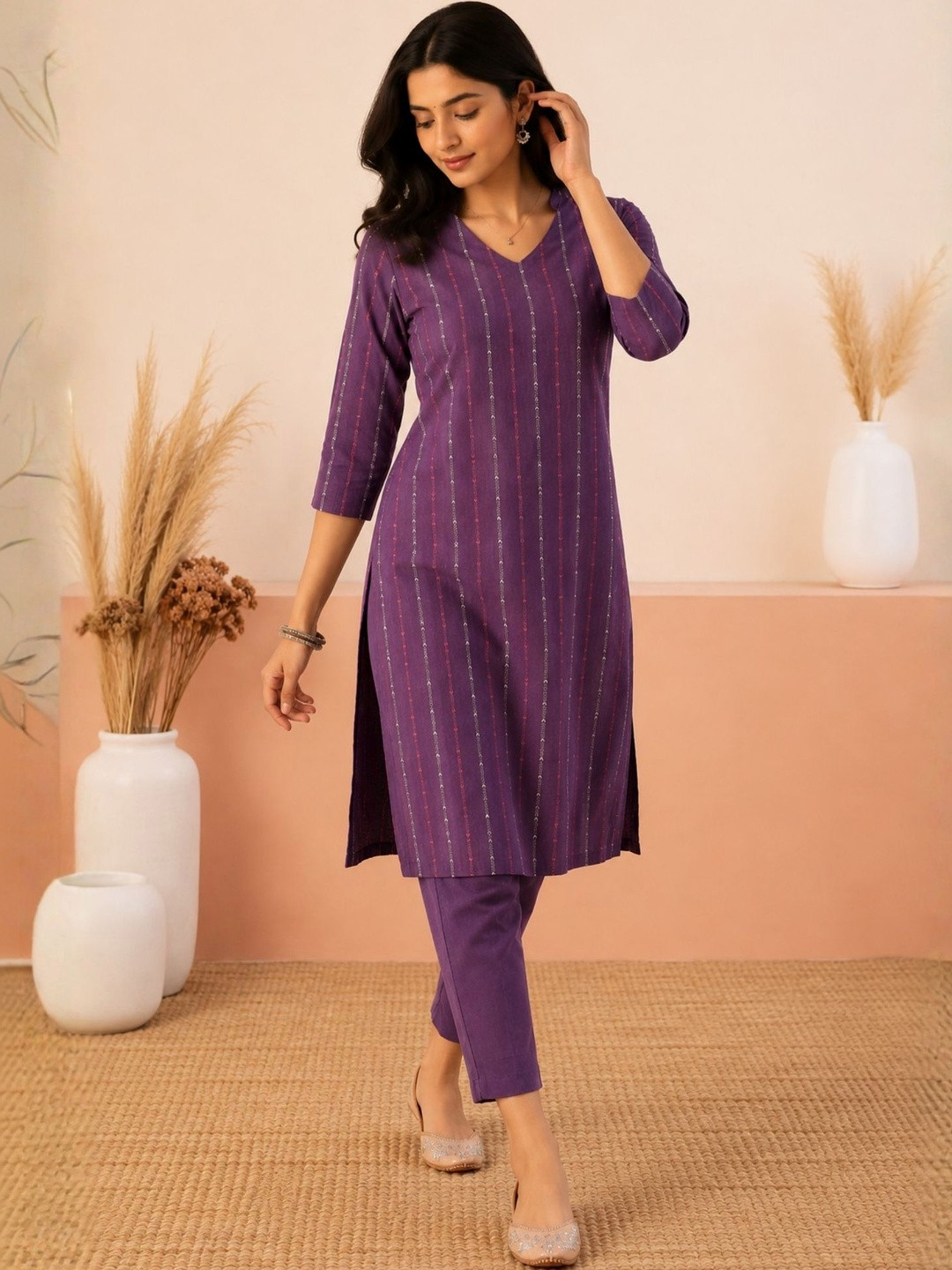 Saanjh Violet Striped Straight Kurta with Trousers