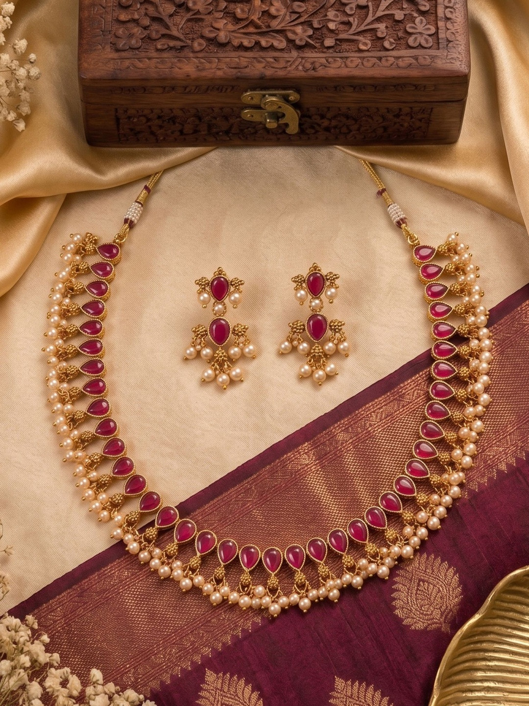 Bagdo Gold-Plated Antique Stone Studded & Beaded Necklace and Earrings
