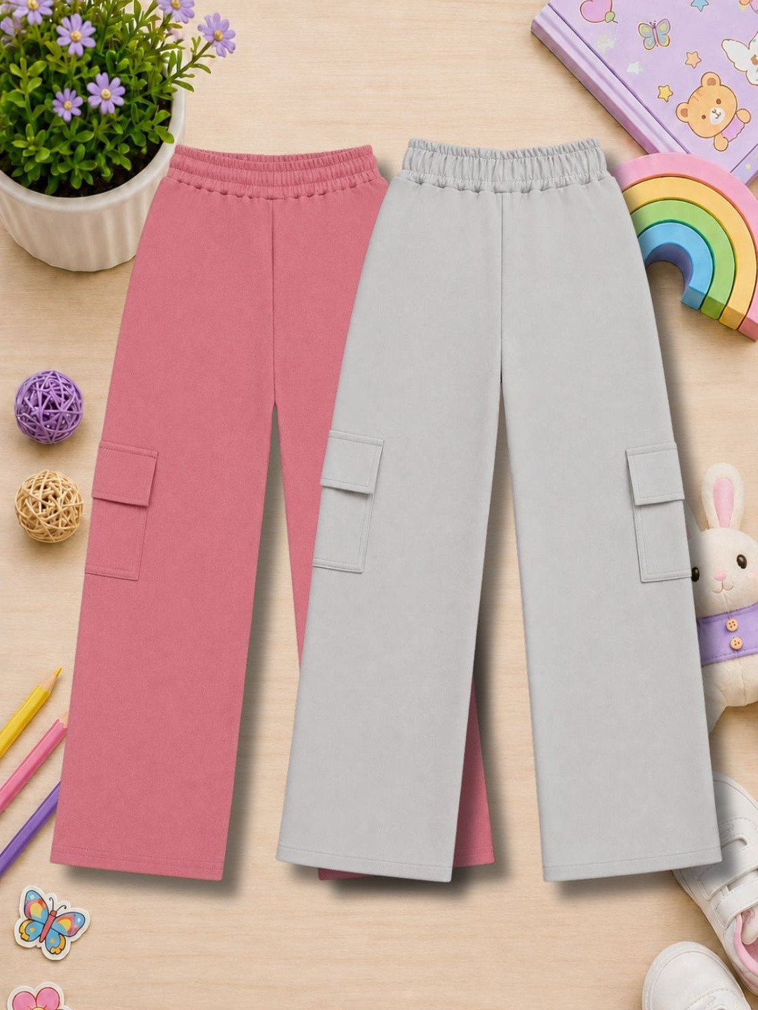 AMNOUR Girls Pack of 2 Regular Fit Self Design Cargos