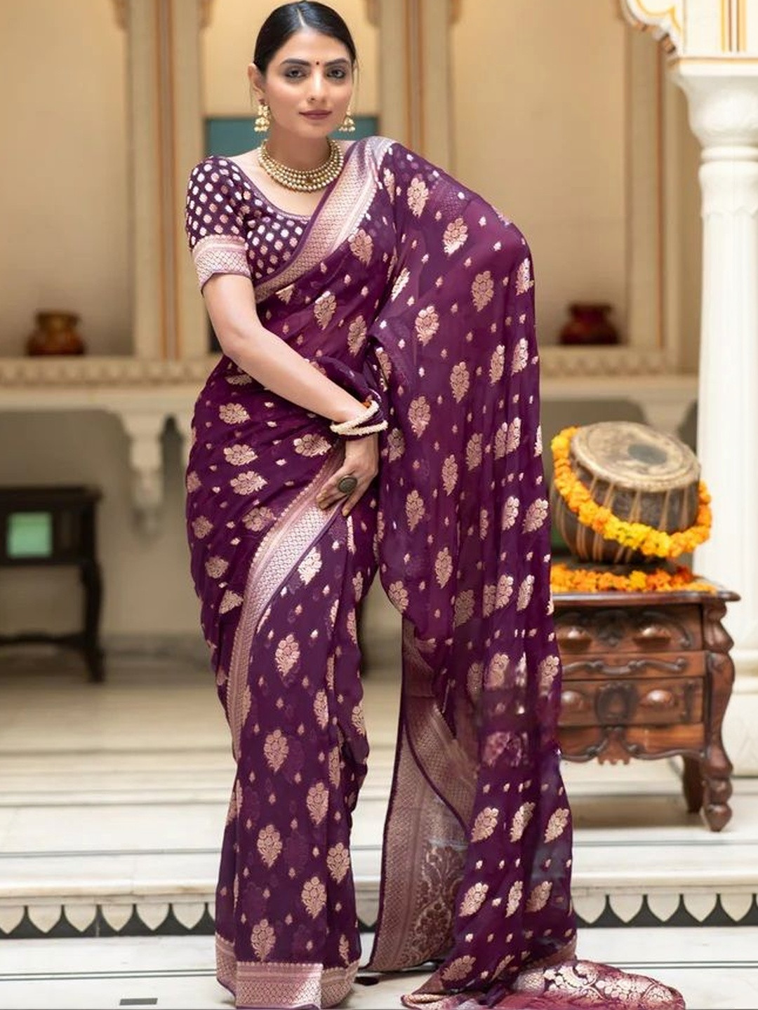 LIMDO Ethnic Motifs Zari Silk Cotton Heavy Work Banarasi Saree