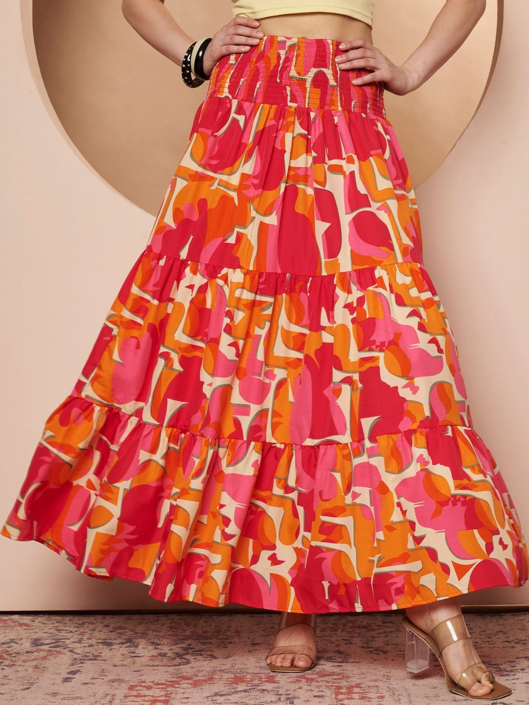 ZWERLON Women Abstract Tiered Maxi A-Line Skirt