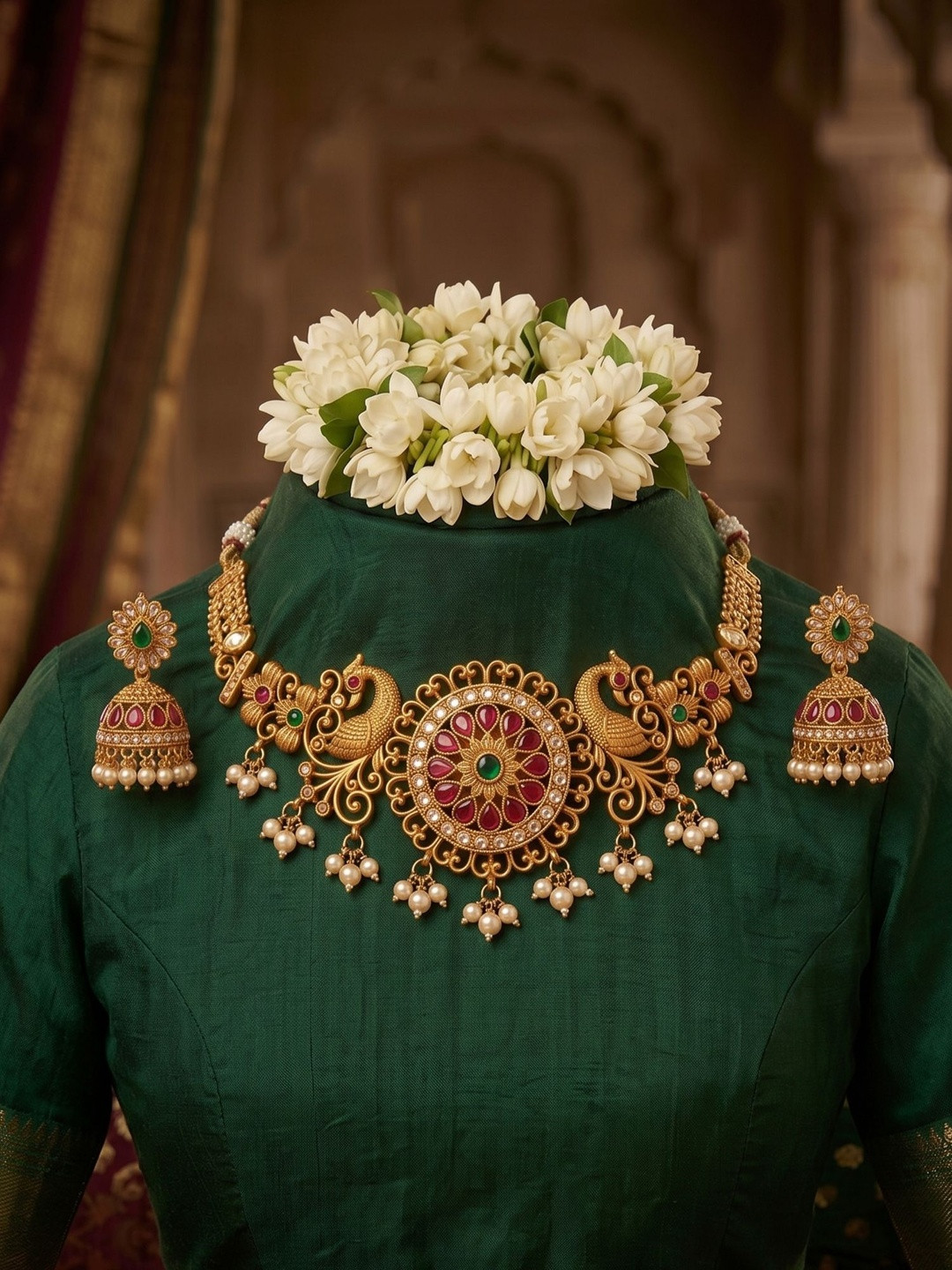 Bagdo Gold-Plated Temple Stone Studded & Beaded Necklace and Earrings