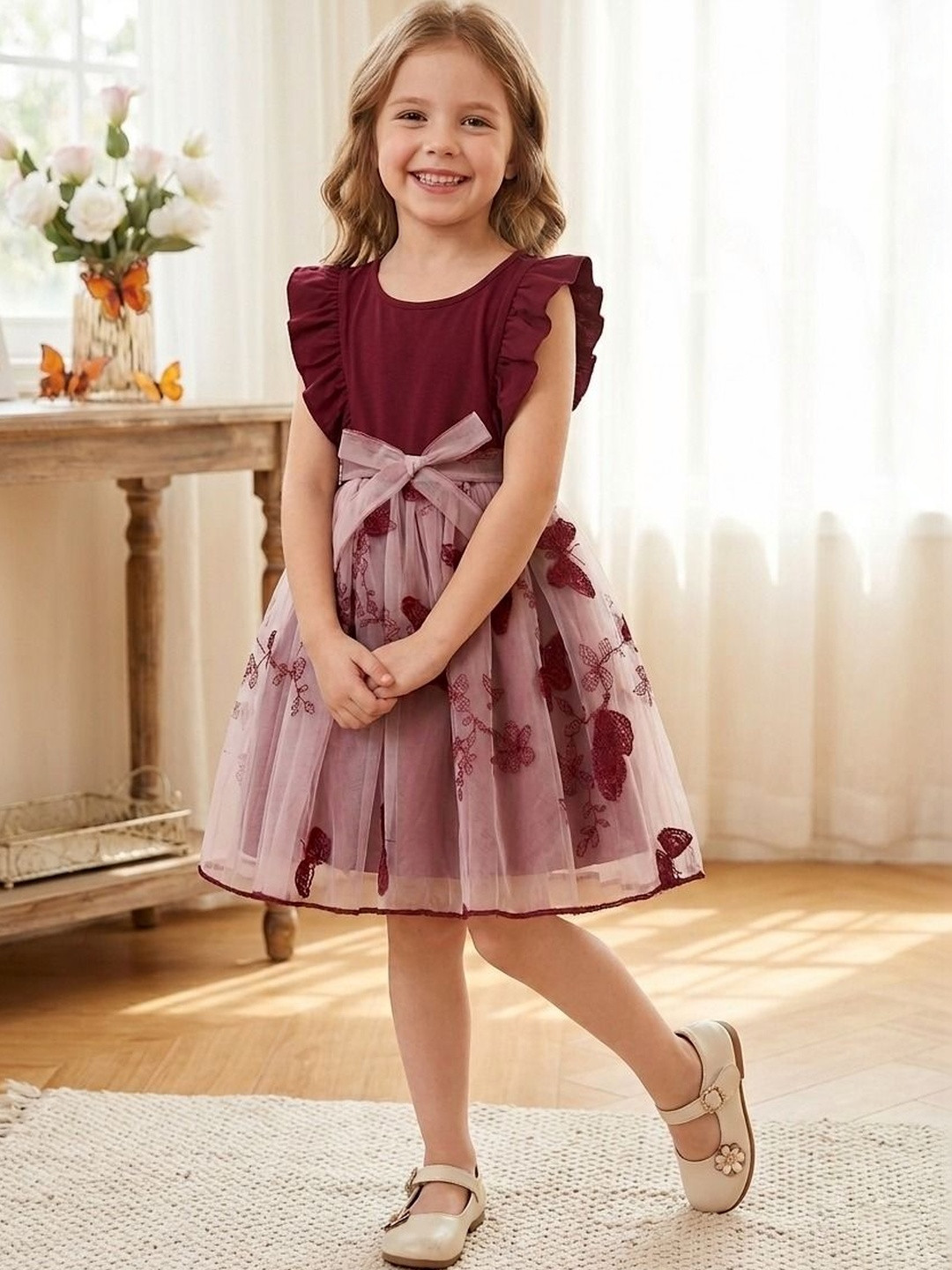 TIOR Floral Print Flutter Sleeve Ruffled A-Line Dress