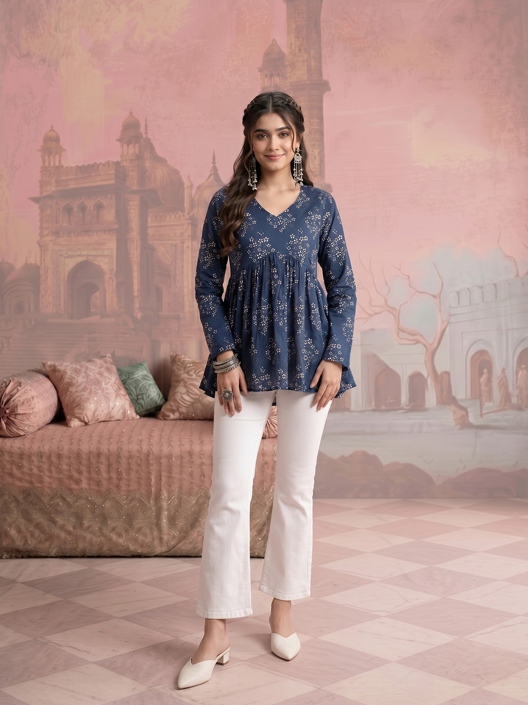 NAVYAAZRI Blue Floral Printed V Neck Cotton Tops