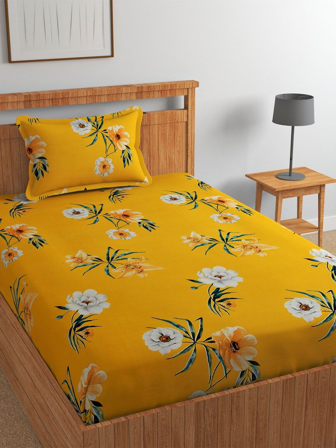 Florida Yellow Floral Cotton 180 TC King Fine Bedsheet with 2 Pillow Covers-59 x 87 inches